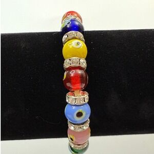 Evil Eye Bracelet Murano Style Glass Bead Rhinestone Accents Colorful Jewelry